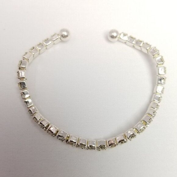 Vintage Wavy Rhinestone Bangle Bracelet, Silver Tone Cuff, Estate - Picture 4 of 7